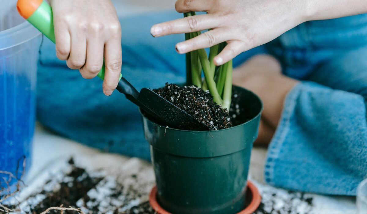 Crop anonymous female gardener in casual wear with shovel sitting on messy floor and planting home plant in pot — Photo by Teona Swift on Pexels