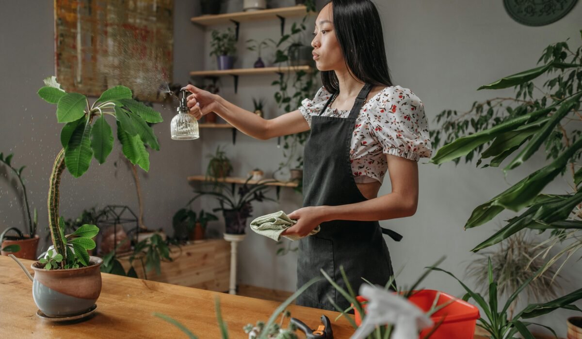 Woman in apron sprays potted plants indoors with care and focus. — Photo by ROCKETMANN TEAM on Pexels