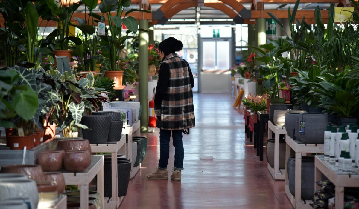 Woman browsing plants in a well-lit garden center filled with vibrant greenery. — Photo by Serena Koi on Pexels