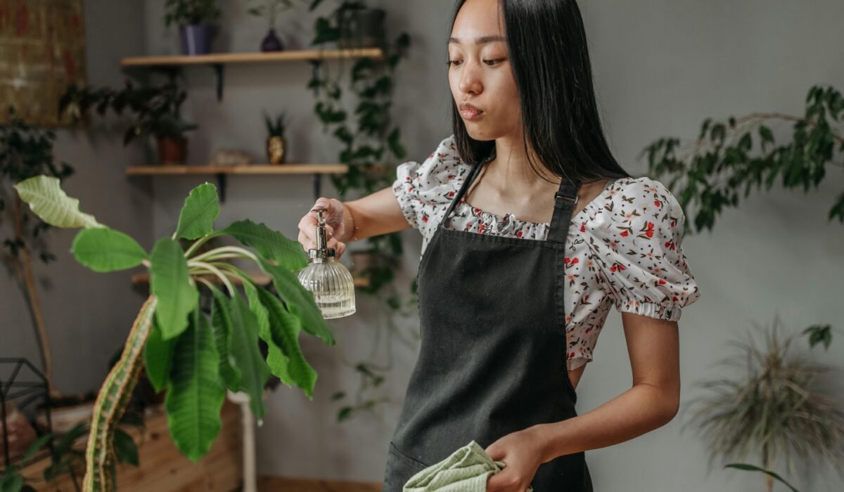 A young woman in an apron sprays a houseplant indoors, caring for greenery. — Photo by ROCKETMANN TEAM on Pexels