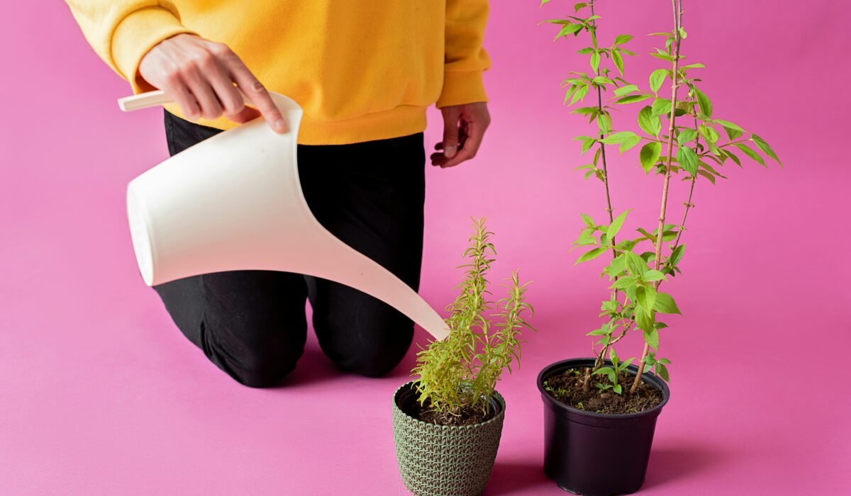 A person in a yellow sweater watering potted plants against a vibrant pink backdrop. — Photo by Mikhail Nilov on Pexels