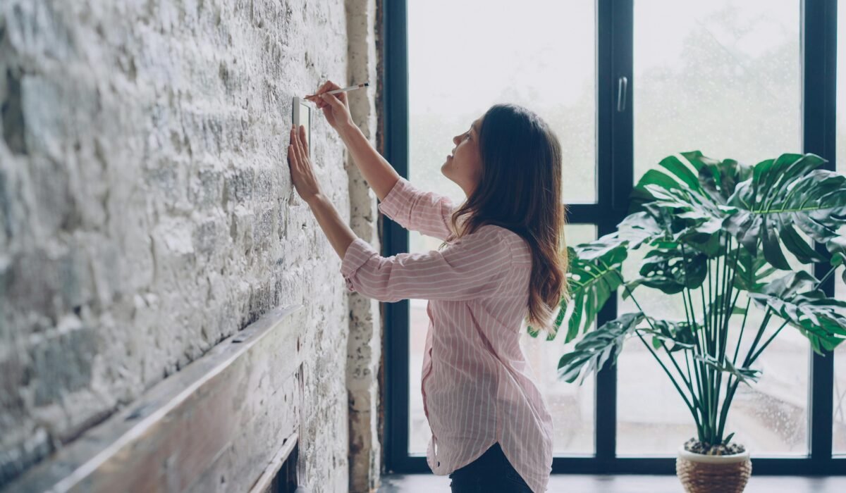 Woman using a ruler to measure a wall in a light-filled, stylish workspace. — Photo by Vitaly Gariev on Pexels